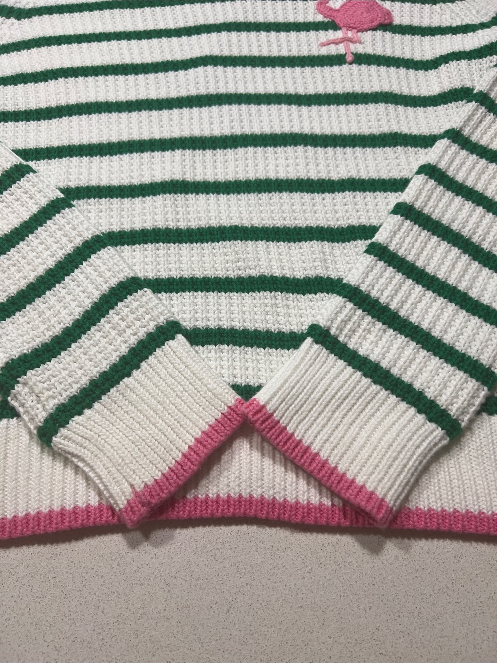 Lilly Pulitzer Jovienne Cotton Sweater, green white stripe, pink trim. Like New. - Picture 7 of 9